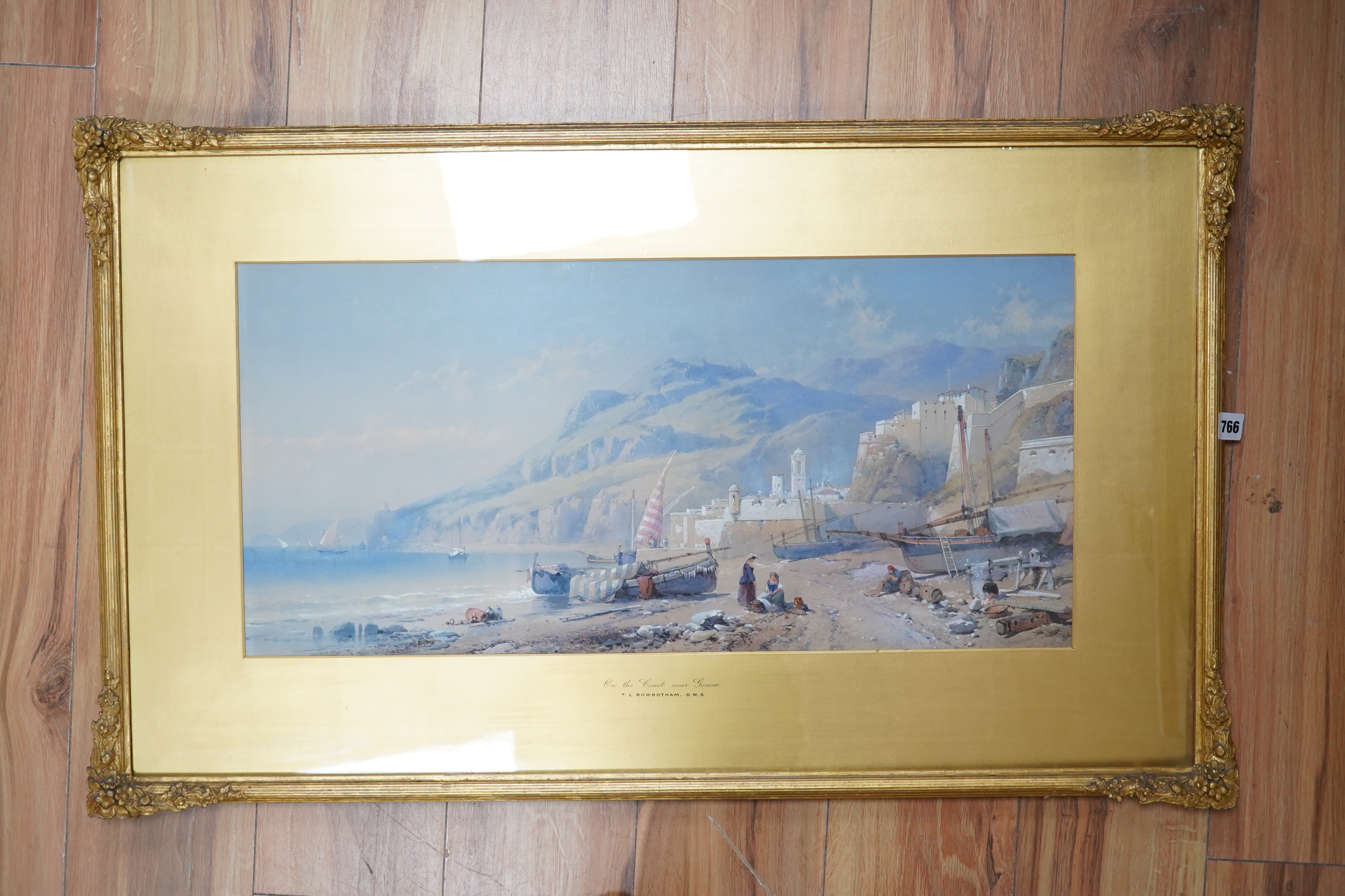 Thomas Charles Leeson Rowbotham Jnr (1823-1875), heightened watercolour, 'On the Coast, near Genoa', signed and numbered 259, 31 x 68cm, gilt framed. Condition - fair to good, very minor discolouration